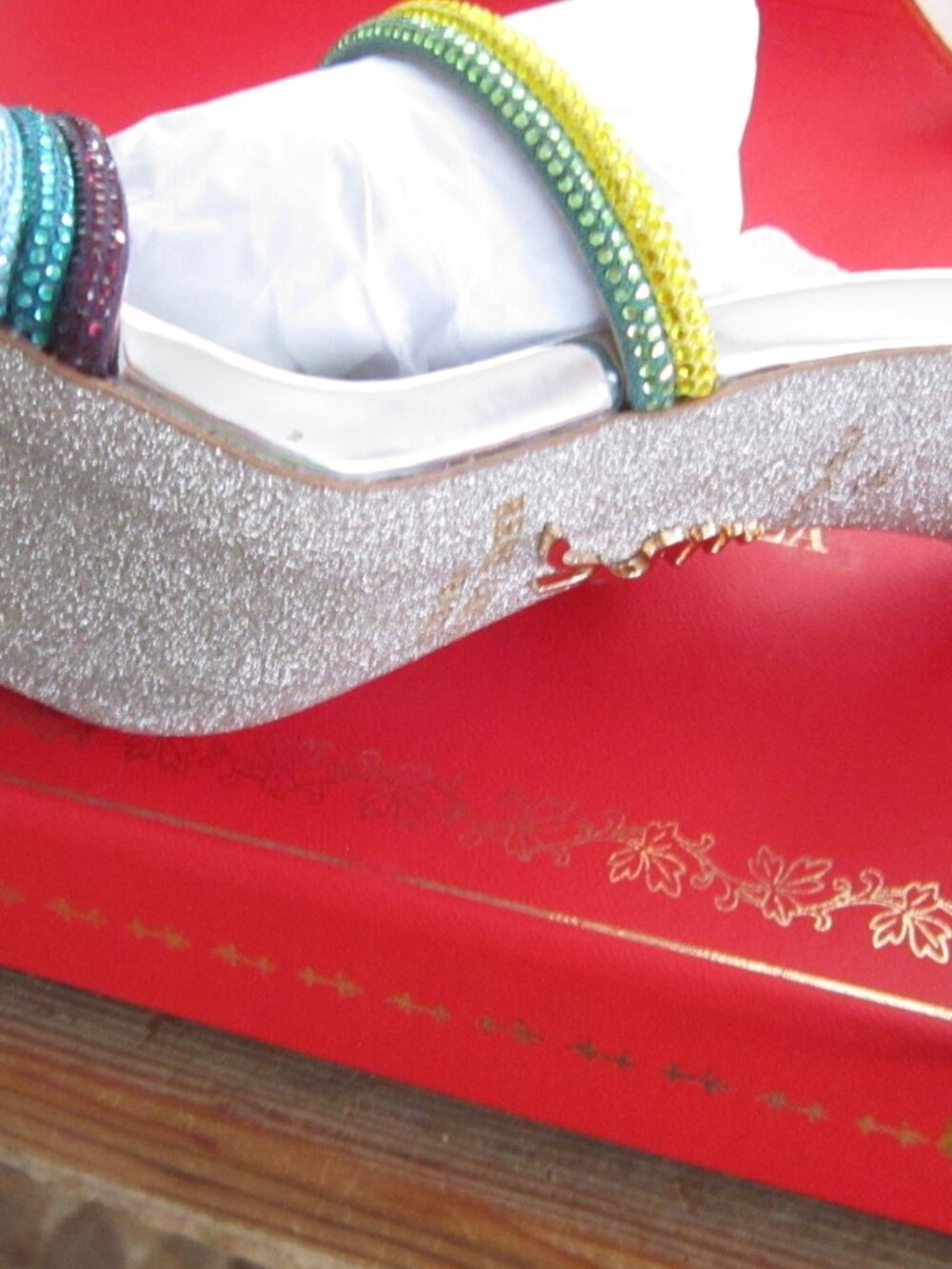Rene Caovilla Rainbow Crystal Embellished Silver Open Toe Sandal Heels 36 US 6 - Picture 6 of 12